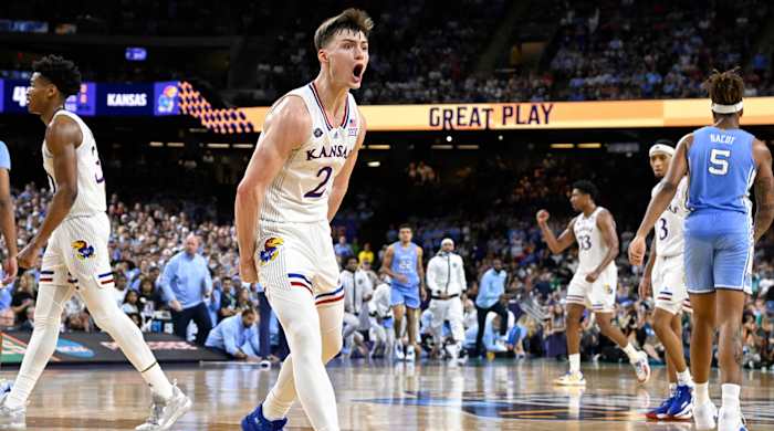 Kansas guard Christian Braun reacts after a play.